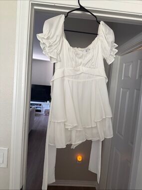White Ruffled Tiered Short Dress with Puff Sleeves